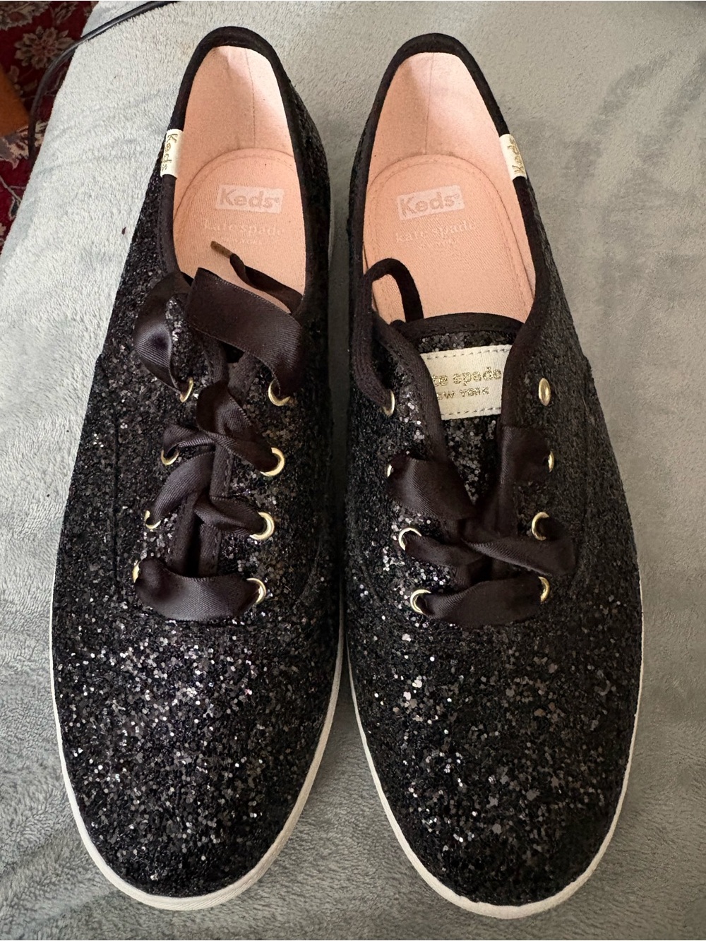 Keds Black Glitter Sneakers with Satin Laces Size 10W Brand New
